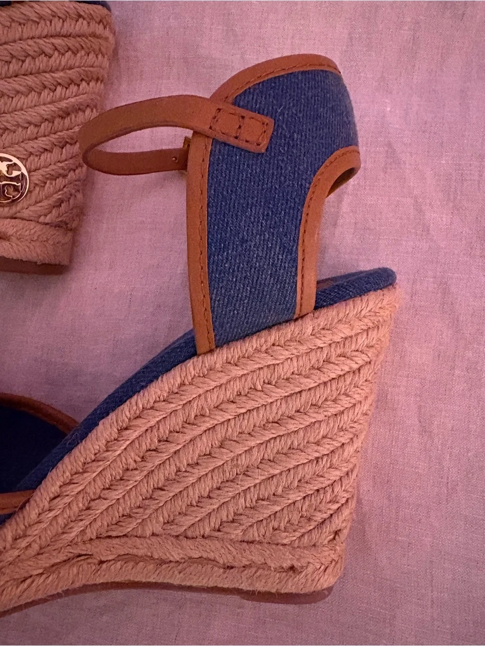 Tory Burch Navy Denim Espadrille Wedge Sandals with Pom Detail